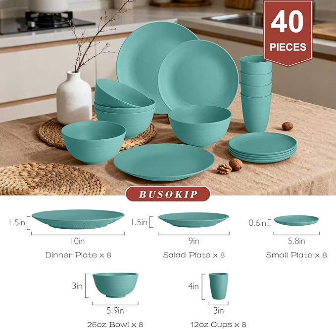 Dinnerware Sets 40 PCS Wheat Straw Plates and Bowls Sets With Cups | Service for 8 | Alternatives to Plastic Dinnerware Set Microwave Safe Dishese Set for RV Outdoor Activities Travel - Green