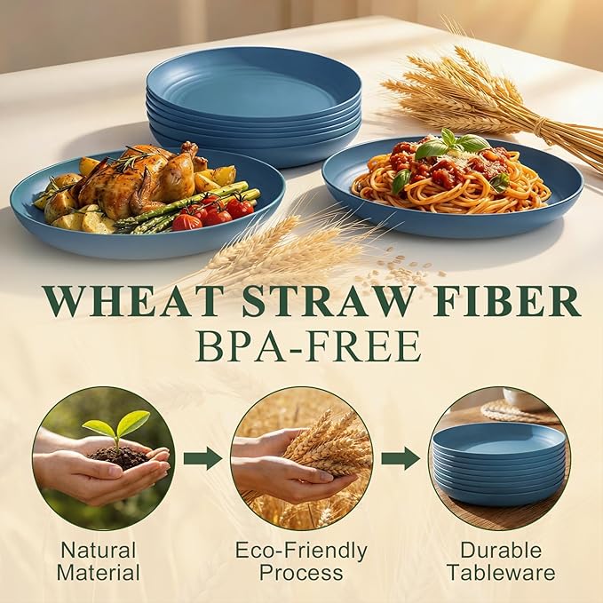 Deep Dinner Plates 9 Inch, Plastic Plates Reusable, Unbreakable Wheat Straw Plates Set of 8, Microwave & Dishwasher Serving Plate for Holiday, Party, Restaurant, Camping - Blue