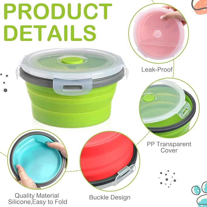 Suclain 4 Pcs Collapsible Bowls with Lids Silicone Camping Food Storage Container Expandable Folding Salad Lunch Box Travel Container for Hiking Camping