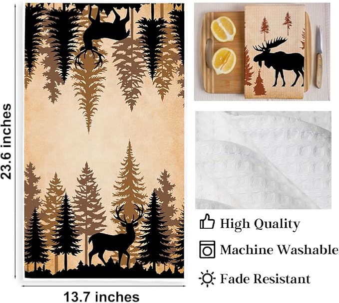 3PCS Wild Animal Deer Moose Bear Forest Camping Kitchen Towel for Campsite Cabin RV, Forest Wildlife Reusable Absorbent Waffle Weave Dish Tea Towels for Cleaning Cooking Baking, Camping Lovers Gifts