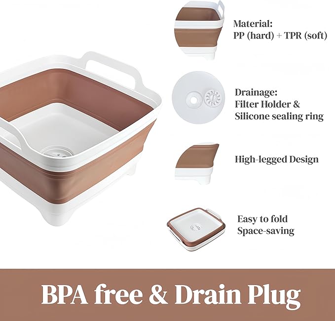 GIMWA Collapsible Wash Basin for Baby Bottles - 2.4 Gallons Portable Wash Bin for RV Camping Sink, Space-Saving Dish Tub (Mocha)