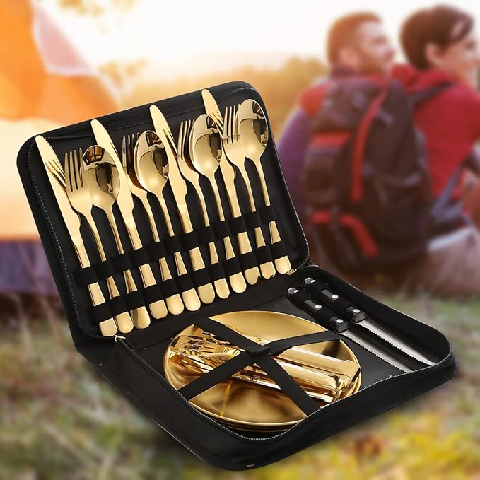 Picnic Dishes Utensils Gold Camping Flatware Set for 4 Portable Dinnerware Plates Silverware Forks Spoons knives Bottle Opener Food Tongs Complete Kit with Zipper Bag