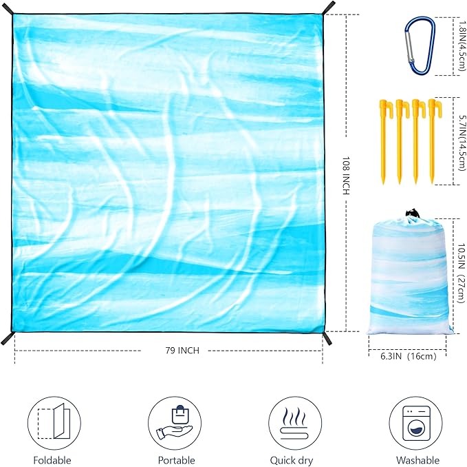 WIWIGO Beach Blanket Waterproof Sandproof Beach Mat 79" X 83"/10'x9'for 2-8 Adults Quick Drying Outdoor Picnic Mat Beach Accessories for Travel, Camping, Hiking