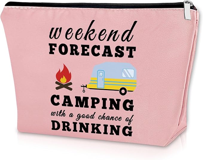 Sazuwu Happy Camper Gifts for Couples - Pink Makeup Bag for Women, Camping Cosmetic Bag, Camper Accessories for Travel Trailers