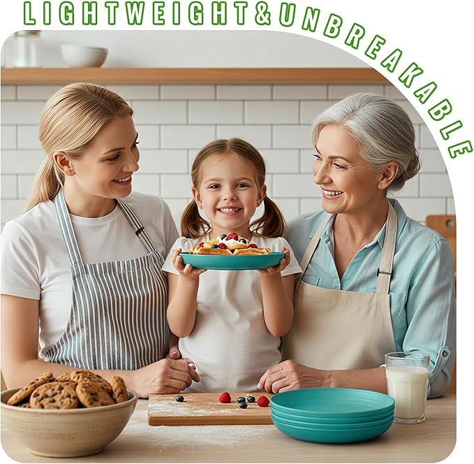 8 Inch Wheat Straw Plates Set of 6, Unbreakable Reusable Plastic Plates, Microwave and Dishwasher Safe Small Dinner Plates for Appetizer, Dessert, Party, Cream, Green