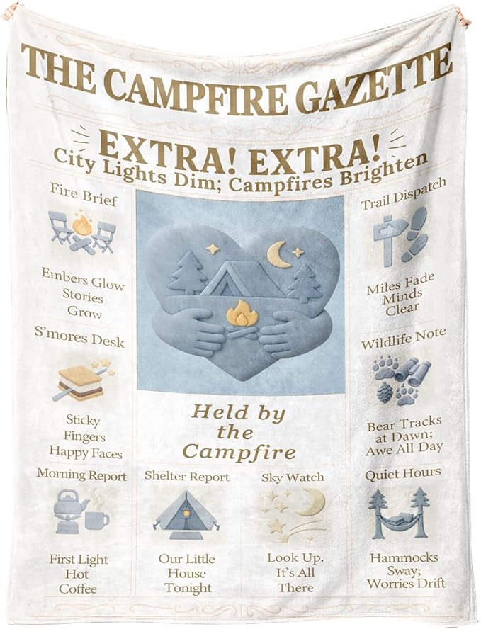 Camping Blanket Gifts 60×50 in Lightweight Packable Warm Throw, Campfire Theme Tent & Pines Design, Cozy Outdoor Travel RV/Trailer Cabin Decor, Gifts for Campers