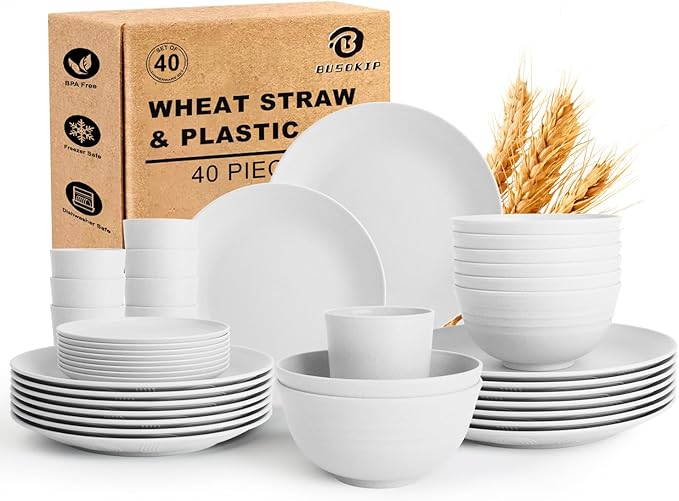 Wheat Straw Dinnerware Sets - 40 PCS Unbreakable Plates and Bowls Sets Service for 8 Kitchen Dishes Set, Dinner Plates, Cereal Bowls, Cups Set Camping Dish Dishwasher & Microwave Safe - White