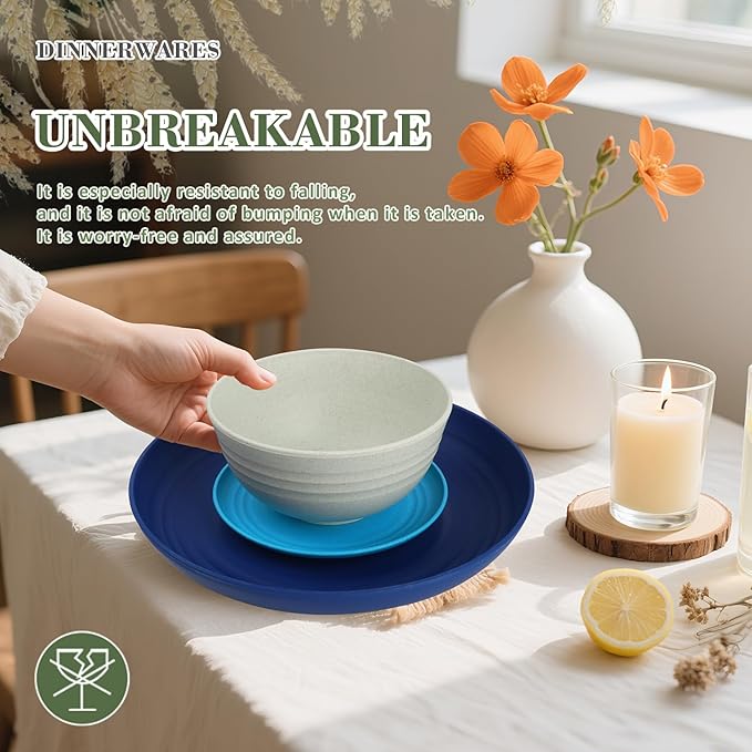 Wrova Wheat Straw Dinnerware Set of 32,Unbreakable Dinner Plates and Bowls Dishes Sets Service for 8,Dishwasher Safe Dinnerware Sets for Kitchen and Camping.Island Series