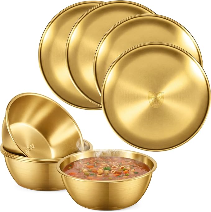 8 Pieces 304 Stainless Steel Plates and Bowls Sets - 9 Inch Metal Camping Plates Reusable 20oz Steel Snack Bowls Feeding Serving Dinner Dishes Double Insulated for Adult Girls Boys (Gold)