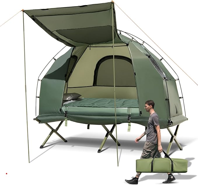 LDAILY Camping Tent Cot, 5 in 1 Off Ground Elevated Tent with Air Mattress, Sleeping Bag & Pillow, Folding Camping Cot Combo with Carrying Bag for Outdoor Hiking, RV, Picnic, Field Backyard (1 Person)