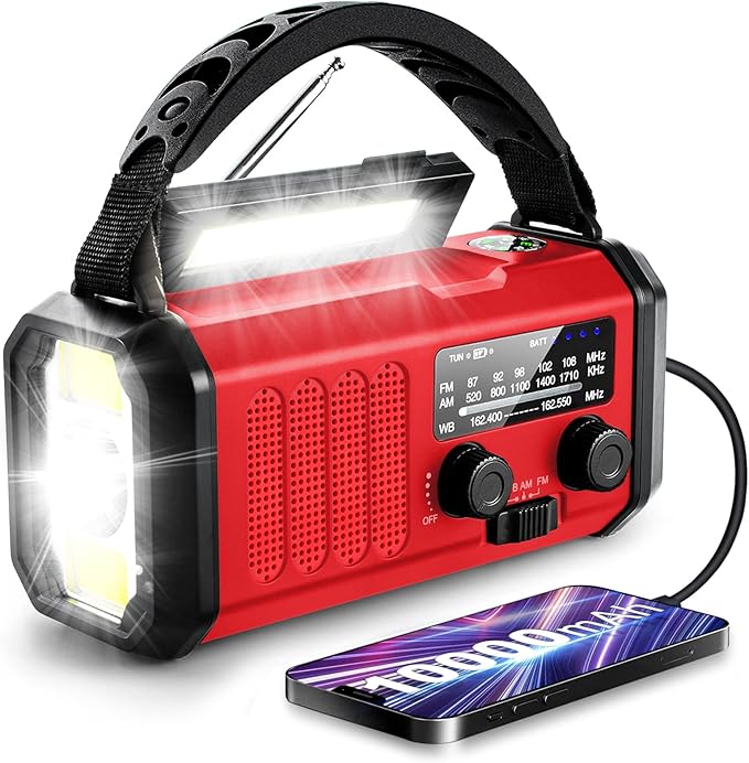 Leaton Weather Radio, Emergency Crank Radio AM/FM/NOAA Solar/Hand Crank/USB Charging,10000mAh /37000mWh Rechargeable Battery, Flashligh Cell Phone Charger for Hurricanes Camping & Home Emergencies