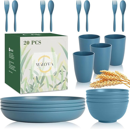 Wrova Wheat Straw Dinnerware Sets of 20,Dishwasher Safe Kitchen Plates and Bowls Sets,Camping Dishes Sets Contains Dinner Plates,Cereal Bowls,Drinking Cups and Flatware.(Blue)