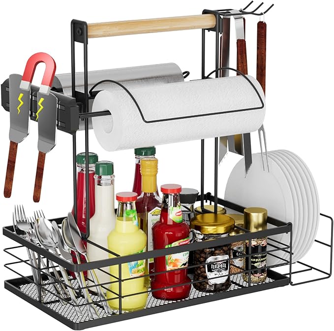 Grill Caddy with Magnetic Tool & Paper Towel Holders, Picnic Utensil Condiment Caddy, Barbecue Grill Tool Organizer for Outdoor Camping, Cooking, Camper