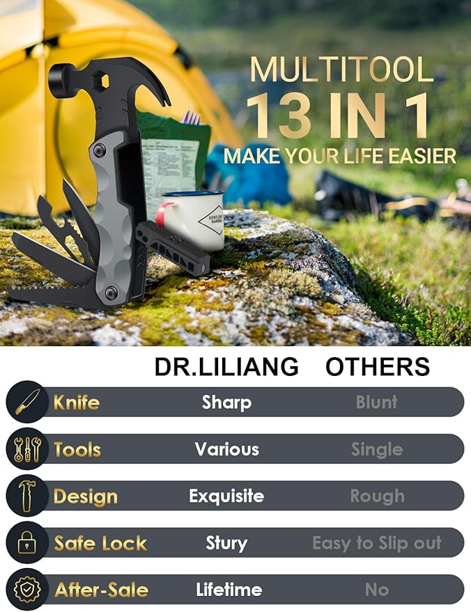 Fathers Day Dad Gifts from Daughter Son Wife, 13 in 1 Hammer Multitool, Cool Camping Accessories Survival Tools, Unique Birthday Present Ideas Gifts for Men, Husband, Grandpa, Step Dad, Him