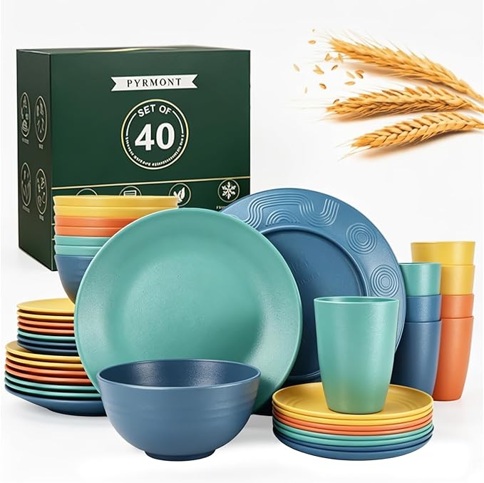 PYRMONT 40 PCS Wheat Straw Plates and Bowls Set Unbreakable Dinnerware Set Dishes for 8-Plate Sets,Cups Set,Microwave & Dishwasher Safe Bowls Set for Party,Family Gathering,RV-Multi