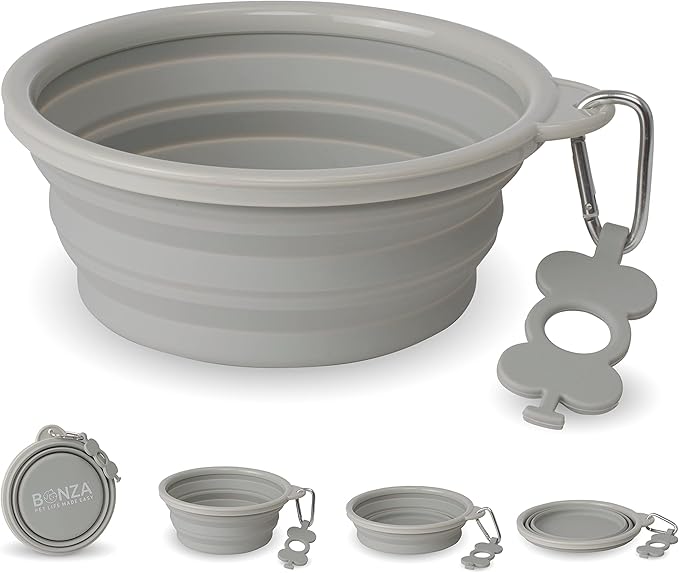 Bonza Collapsible Dog Bowls - X-Large 50 oz, Dog Travel Accessories, Silicone Portable Dogs Bowl & Water Dish with Reinforced Rim & Carabiner for Hiking, Camping, and Car Trips, Light Gray