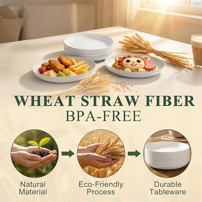 Wheat Straw Plate 8 Inch, Reusable Plastic Plates Set for 8, Unbreakable Small Plate for Salad, Dessert, Cake, Microwavable Plates for Kitchen, Party, Camping, RV - White