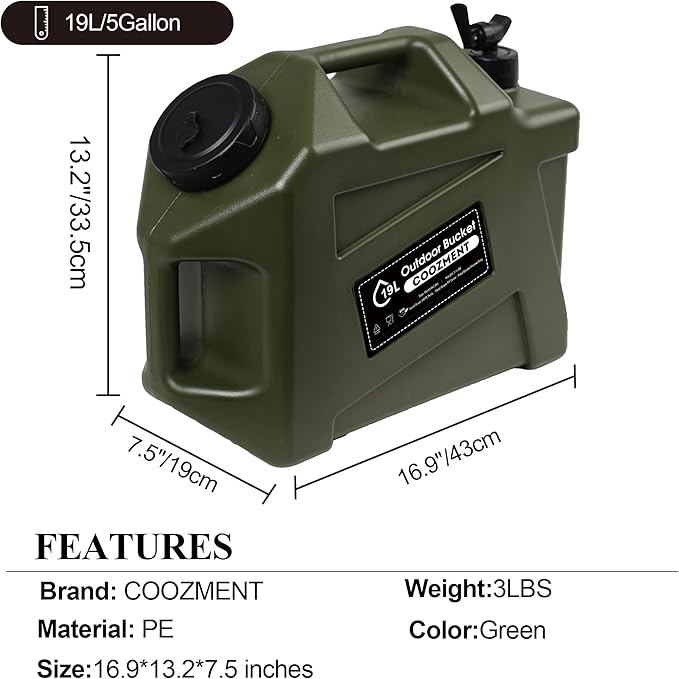 COOZMENT 3.2 Gallon/5 Gallon Water Containers with Spigot, BPA Free Water Jug, Military Green Water Tank, Multifunction Water Storage Containers for Camping Outdoor Hiking,Emergency Stroage