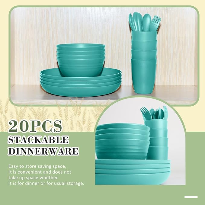 Wrova Wheat Straw Dinnerware Sets of 20,Dishwasher Safe Kitchen Plates and Bowls Sets,Camping Dishes Sets Contains Dinner Plates,Cereal Bowls,Drinking Cups and Flatware.(Green)