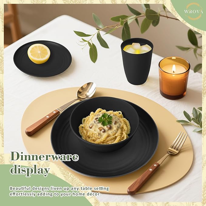 Wrova 32-piece Kitchen Alternative Melamine Wheat Straw Dinnerware Sets,Unbreakbale Dishwasher Safe Kitchen Bowls and Plates Sets with Cups,Apartment Essential Dishes Set for 8.Black Series
