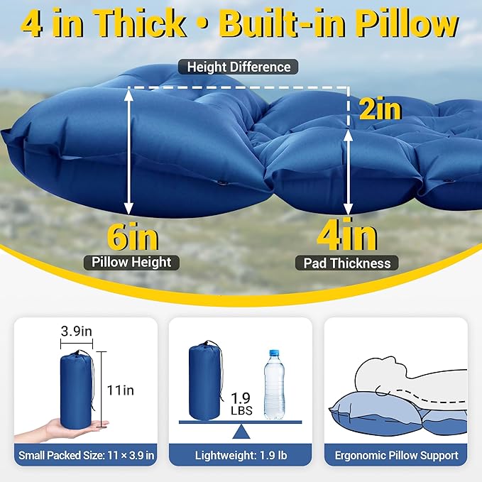 Sleeping Pad, Backpacking Camping Pad with Built-in Pillow and Foot Pump, 4in Thick Compact Camping mat for Hiking Tent Road Trip Car Camp Travel Gear