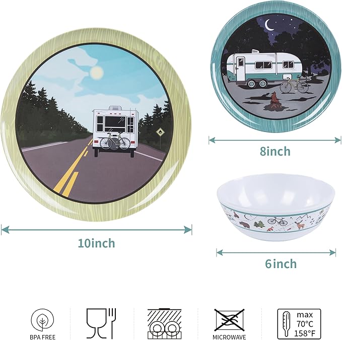 12-Piece Melamine Dinnerware Set, Lightweight Unbreakable Plates and Bowls Set, Outdoor Camping Dishes – Perfect for RV, Picnic, Backpacking, Patio,Getaways (Service for 4)