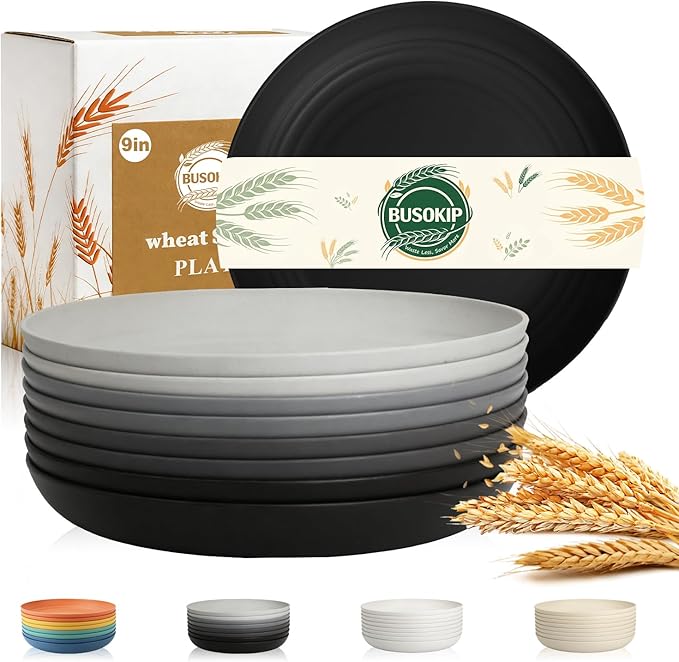 Salad Plates Set for 8, Unbreakable Wheat Straw Plates 9 Inch, Round Dinner Plates for Camping, Picnic, Travel, Microwavable Kitchen Plates for Vegetable, Charcuterie, Pizza - BlackGrey
