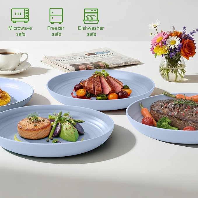 Wheat Straw Dinner Plates 6 PCS, Unbreakable Deep Dish Plates, BPA-Free Reusable Plastic Plates, Microwave and Dishwasher Safe Camping Dishes for Kids & Family, Light Blue