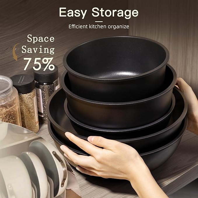 Astercook 21 Pcs Pots and Pans Set Non Stick, Ceramic Cookware Set Detachable Handle, RV Kitchen Cooking Set Removable Handles, Oven Safe, Induction Ready, Stackable, Black, Mothers Day Gifts