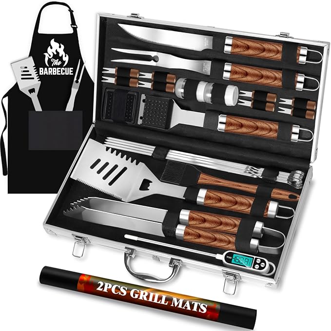 ROMANTICIST 26pcs Grilling Gifts for Men, Dad Gifts for Father's Day, Stainless Steel BBQ Grill Accessories Tools Set, Heavy Duty BBQ Utensils Kit with Apron, Thermometer, Mats in Aluminum Case Brown