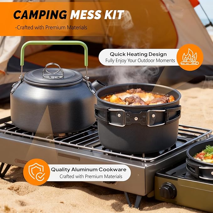 ROVSUN 34/10/6 pcs Camping Cookware Mess Kit, Lightweight Non-Stick Camping Cooking Pot and Pan Set with Stainless Steel Camping Gear Kettle Cup for Open Fire, Backpacking, Outdoor Cooking