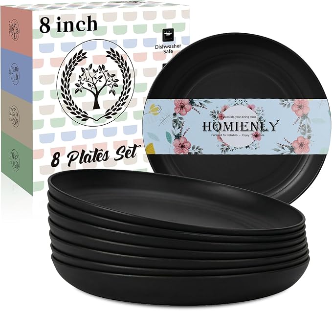 Homienly Wheat Straw Plates Unbreakable Deep Dessert Plates Set of 8 Plastic Plates Reusable Microwave Safe Plate for Kitchen Camping Party Dishwasher Safe Stackable Appetizer Plates (8in, Black)