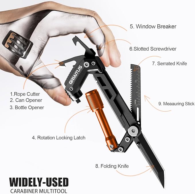 Carabiner Multitool with Pocket Knives, EDC Carabiners, Serrated Knife, Rope Cutter, Screwdriver, Can Bottle Opener, Ruler, Folding Knife for Camping Hiking, Multitool Survival Gear (Orange)