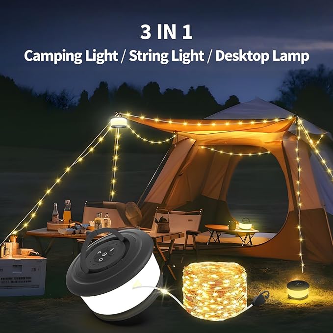 2pcs Camping String Lights,2 in 1 Upgraded 32.8FT Rechargeable Tent Lights String with 19 Lighting Modes,Quick Storage camping lights，Portable LED Lamp for Bedroom Yard Decor Christmas (Black)