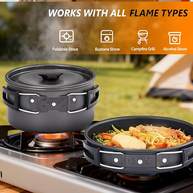 ROVSUN 34/10/6 pcs Camping Cookware Mess Kit, Lightweight Non-Stick Camping Cooking Pot and Pan Set with Stainless Steel Camping Gear Kettle Cup for Open Fire, Backpacking, Outdoor Cooking