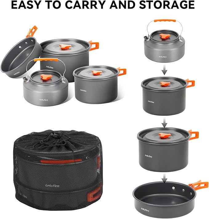ONLYFIRE OUTDOOR LIVING14pcs Camping Cookware Set, Lightweight Nonstick Pots, Pan, Kettle, Utensils, Bowls, and Cleaning Tool with Mesh Bag for Camping Hiking Backpacking RV Tailgating Cooking, CT604