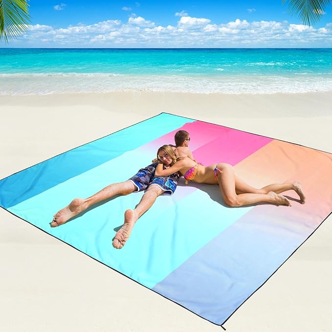 WIWIGO Beach Blanket Waterproof Sandproof Beach Mat 79" X 83"/10'x9'for 2-8 Adults Quick Drying Outdoor Picnic Mat Beach Accessories for Travel, Camping, Hiking