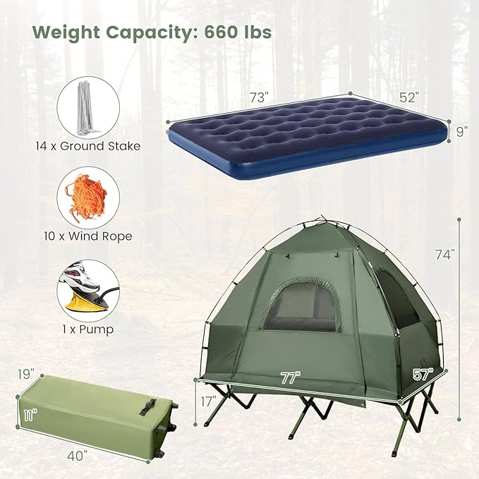 LDAILY Camping Tent Cot, 5 in 1 Off Ground Elevated Tent with Air Mattress, Sleeping Bag & Pillow, Folding Camping Cot Combo with Carrying Bag for Outdoor Hiking, RV, Picnic, Field Backyard (2 Person)