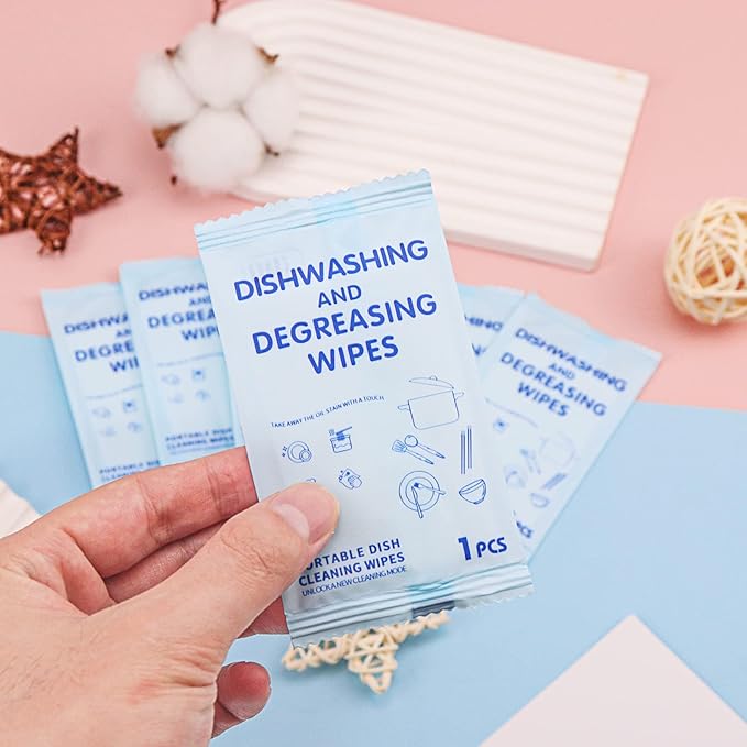 Portable Cleaning Wipes, 100 Count Dish Soap Disposable Wipes, Individually Wrapped Dish Wipe for Travel and Camping Quick Cleaningups