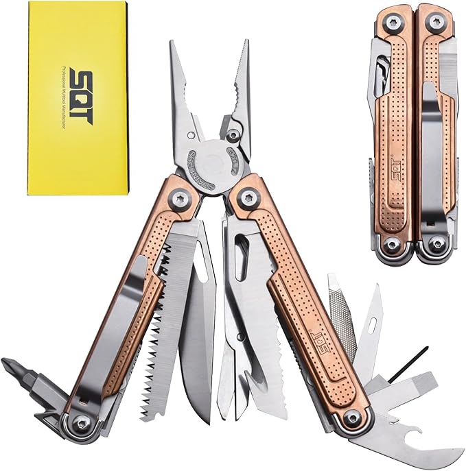 SQT2048-C 20-in-1 Multitool Pliers, Stainless Steel Multi Tool with Safety Lock, Pocket Clip, Foldable EDC Tool for Outdoor Camping Hiking Fishing Repair,Gift for Men, Rose Gold