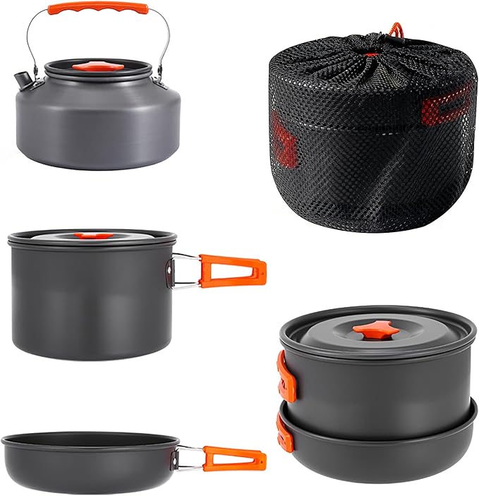 aiGear 3pcs Camping Cooking Set for 1-2 People, Lightweight Foldable Pot Pan Kettle with Storage Bag, Backpacking Cooking Set for Hiking Picnic Camping
