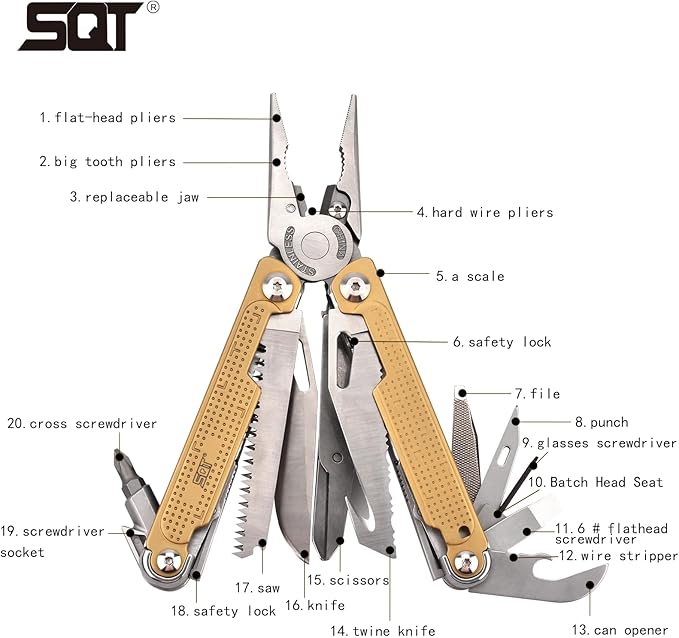 SQT2048 20-in-1 Multitool, Foldable & Self-Locking, Professional Tool for DIY, Home Repairs, Outdoor Camping – Must-Have Gifts for Men, Compact, Durable, All-in-One Tool for Every Task, Gold