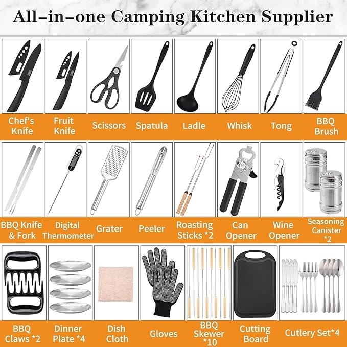 Wesqunie Camping Essentials Cookware Cooking Utensils Set - Portable Camp Kitchen Mess Kit Outdoor Accessories, Stainless Steel & Silicone, Camping Gear Equipment for RV Picnic Grill, 50PCS Black