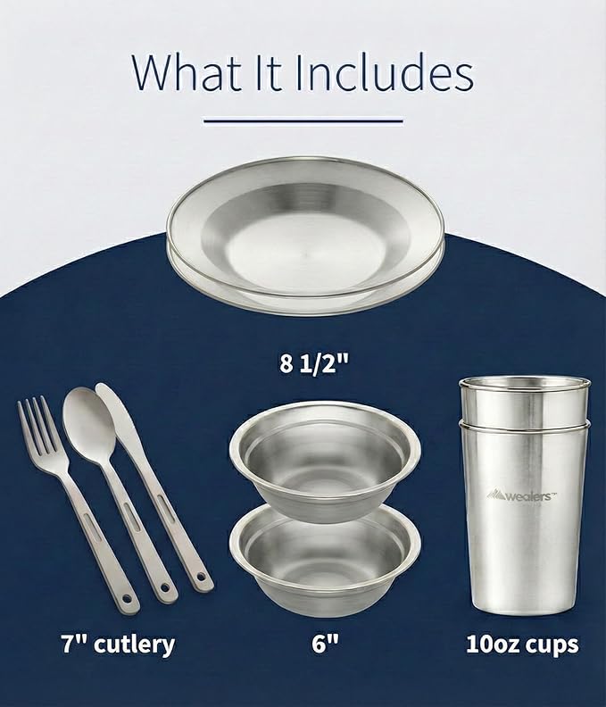 Unique Complete Messware Kit Polished Stainless Steel Dishes Set| Tableware| Dinnerware| Camping| Includes - Cups | Plates| Bowls| Cutlery| Comes in Mesh Bags