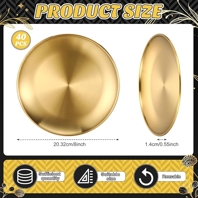 Uiifan 40 Pcs 304 Stainless Steel Dinner Plates Gold 8 Inch Platter Serving Flat Metal Dessert Salad Camping Plates Kitchenware Dinner Dishes for BBQ Snack Steak Food Serving Dishwasher Safe