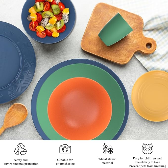 PYRMONT 40 PCS Wheat Straw Plates and Bowls Set Unbreakable Dinnerware Set Dishes for 8-Plate Sets,Cups Set,Microwave & Dishwasher Safe Bowls Set for Party,Family Gathering,RV-Multi