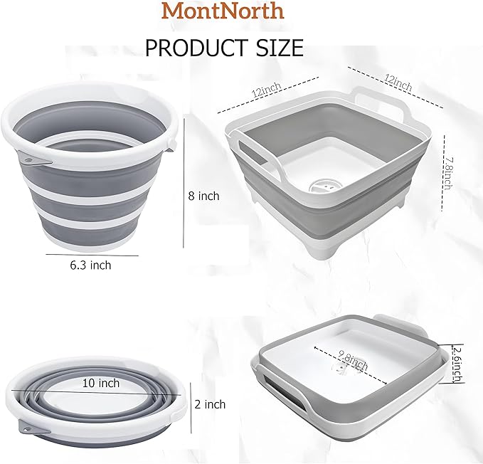 MontNorth Collapsible Basin Bucket,9L Collapsible Dishpan with Drain Plug for Kitchen Sink,5L Portable Foldable Small Plastic Water Supplies for Outdoor Garden Camping Fishing Car Wash(Sets of 2)