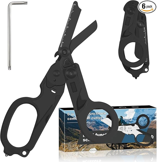 6 in 1 Multifunctional Combination Tool, Folding Retractable Emergency Shears, Outdoor Camping Tools, Seat Belt Cutter, Oxygen Cylinder Wrench, Complimentary Adjustable Wrench (Electroplating black)