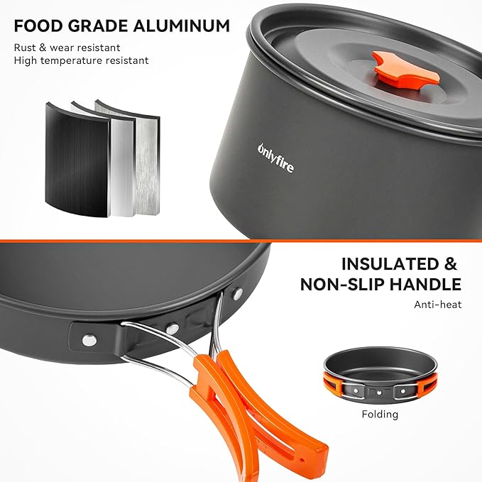 Onlyfire 10pcs Camping Cookware Mess Kit, Non-Stick Lightweight Pot Pan Kettle Set with Plates Forks Knives Spoons for Camping, Backpacking, Outdoor Cooking and Picnic CT603