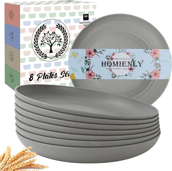 Homienly Deep Dinner Plates Set of 8 Alternative for Plastic Plates Microwave and Dishwasher Safe Wheat Straw Plates for Kitchen Unbreakable and Lightweight Round Plate Set (Grey,9 inch)